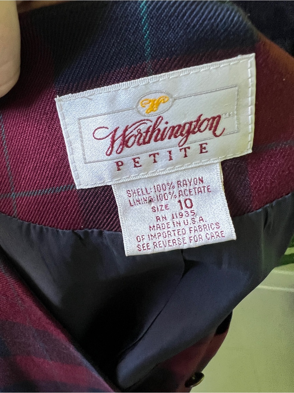 Vintage Worthington Petite Burgundy Navy Blue Plaid Check Preppy Blazer 10 - Picture 7 of 7
